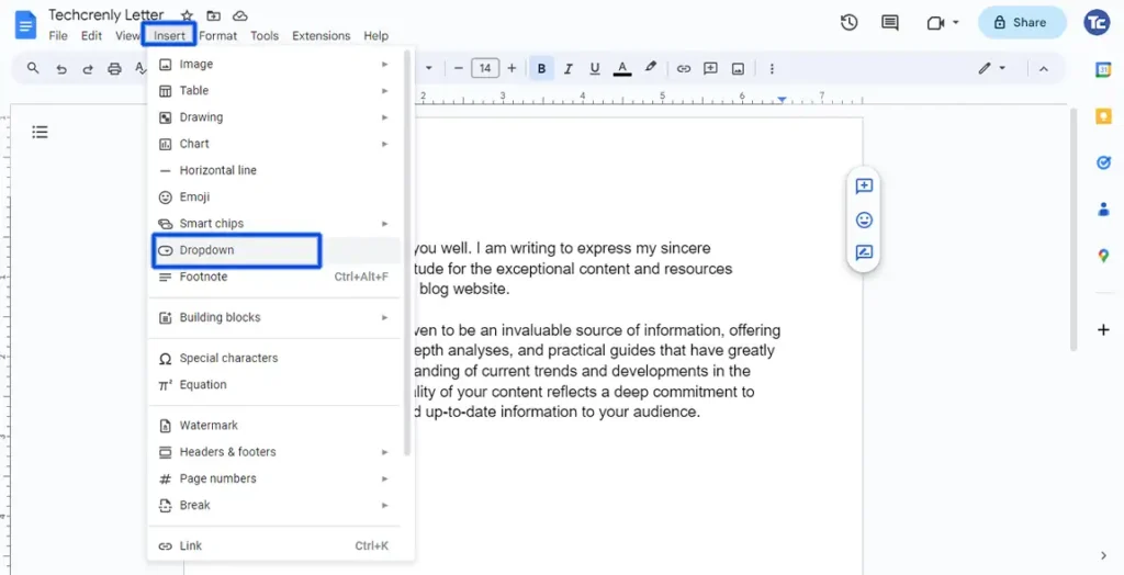 Google Docs drop-down