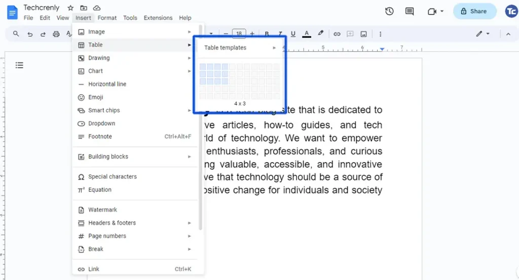 add table in Google Docs