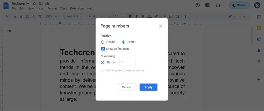 Add page numbers in Google Docs