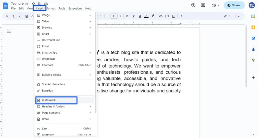 Text watermarks in Google Docs