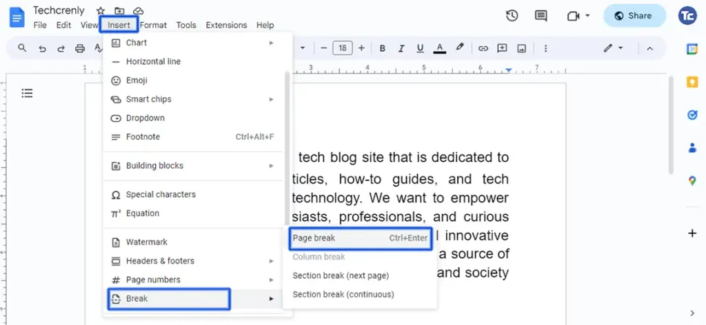 Page break in Google Docs